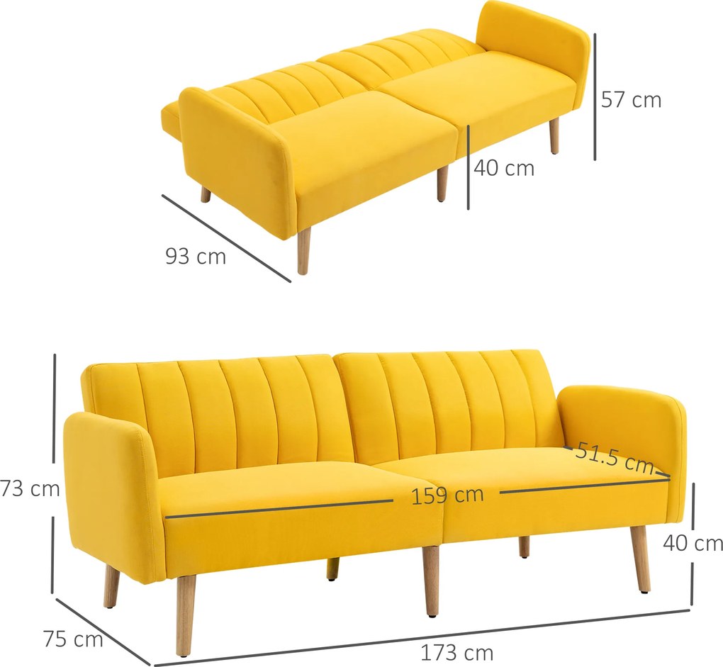 HOMCOM Canapea extensibilă 2 locuri modernă 173x75x73 cm Canapea pliabilă tapițată cu material sintetic cu aspect de in, spătar reglabil în 3 trepte și cotiere detașabile pentru living/birou Galben | Aosom Romania