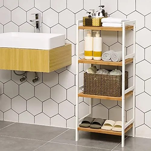 Etajera Multifunctionala cu 4 Rafturi, Bambus, Alb / Natur, Vasagle, BCB74WN