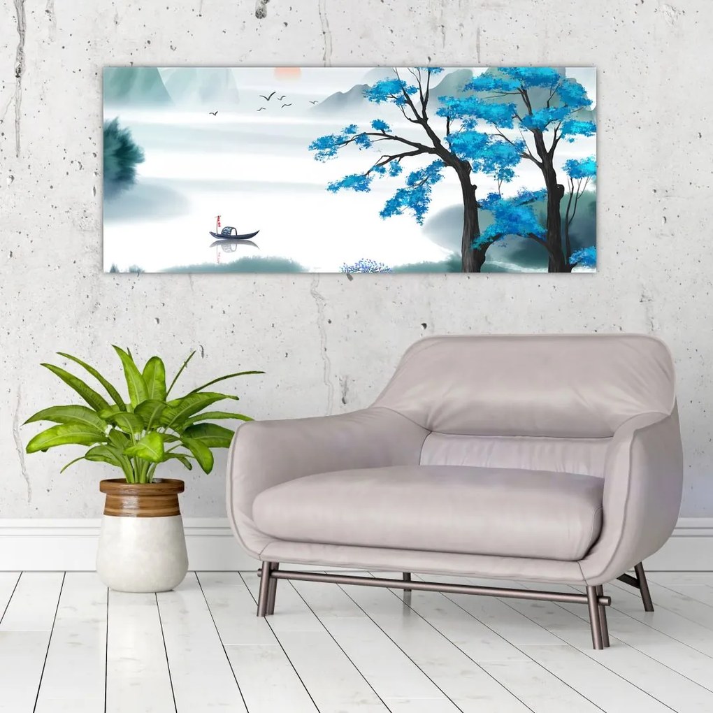 Tablou - Pictură, lac cu barcă (120x50 cm)