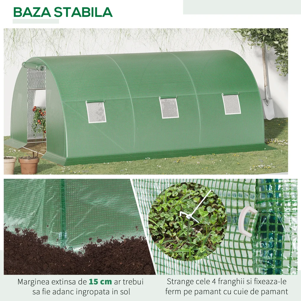 Outsunny Seră Tunel Mare pentru Plante, Copertină PE, Ușă cu Fermoar și 6 Ferestre, 450x300x200 cm, Verde | Aosom Romania