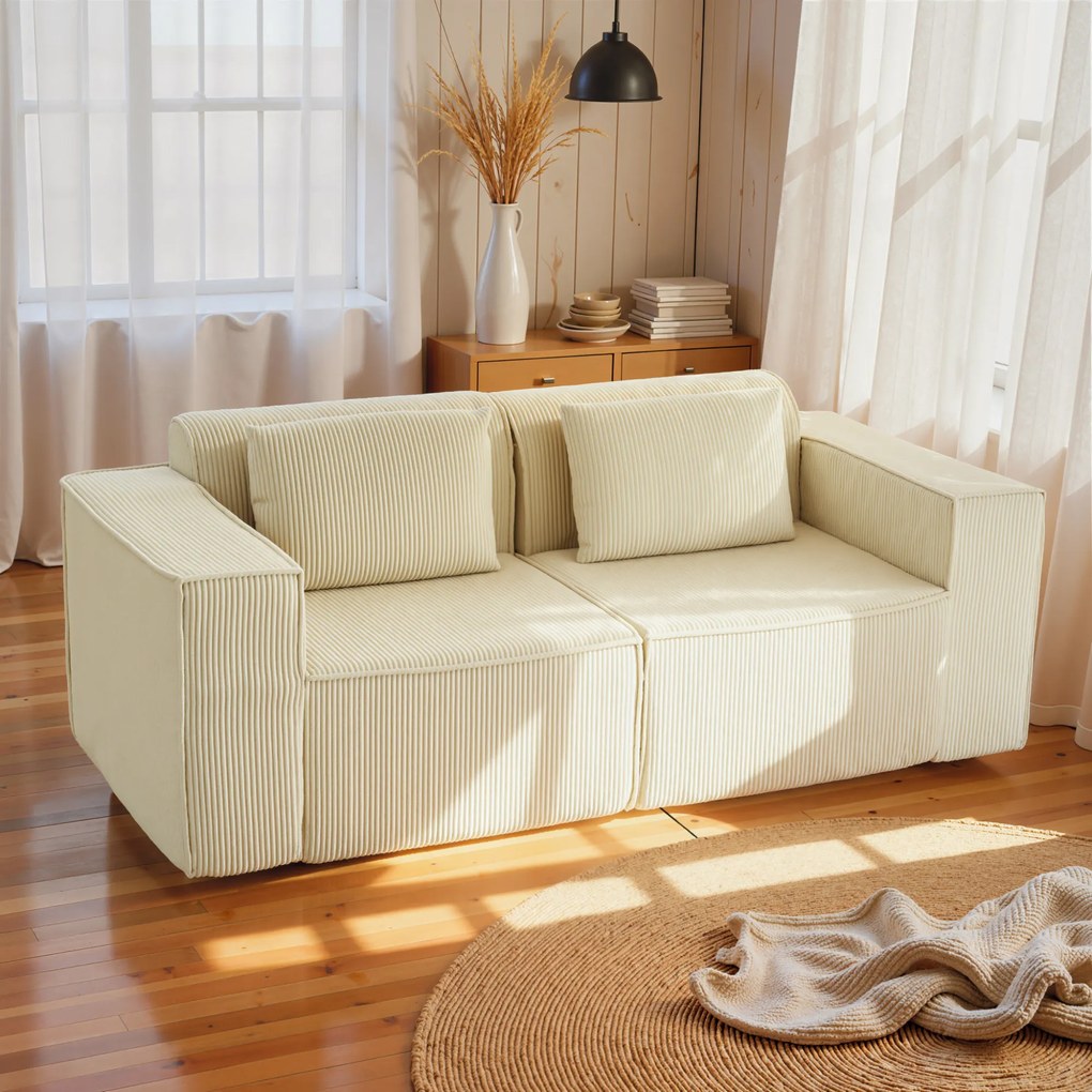 HOMCOM Canapea 3 Locuri Extra Profundă 65 cm, Modulară Fără Structură cu Perne Groase, Cotiere Largi și 2 Perne, Sofá Modern din Catifea pentru Living și Sufragerie, Bej | Aosom Romania