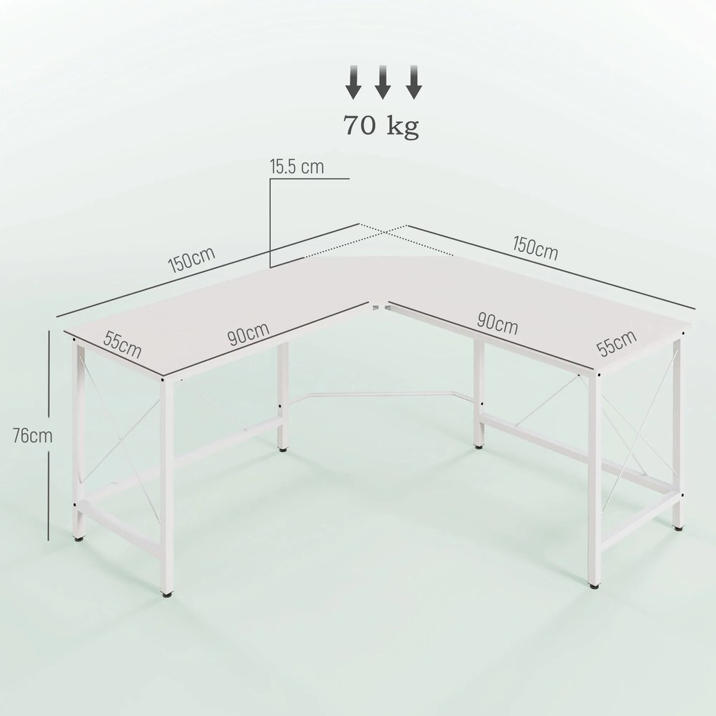 HOMCOM Birou de Colț în Formă de L cu Picioare Reglabile, Birou PC din Lemn și Oțel, 150x150x76 cm, Alb | Aosom Romania