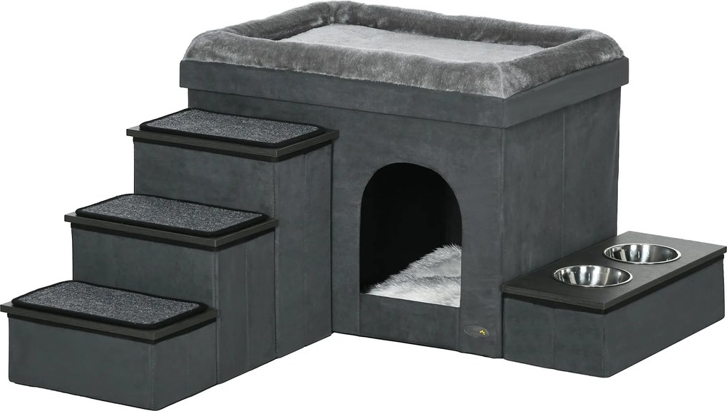 PawHut Casă pentru pisici, cușcă pentru pisici, grotă pentru pisici, 3 trepte pentru animale, 2 boluri de hrănire, 70 x 50 x 51 cm, Gri | Aosom Romania