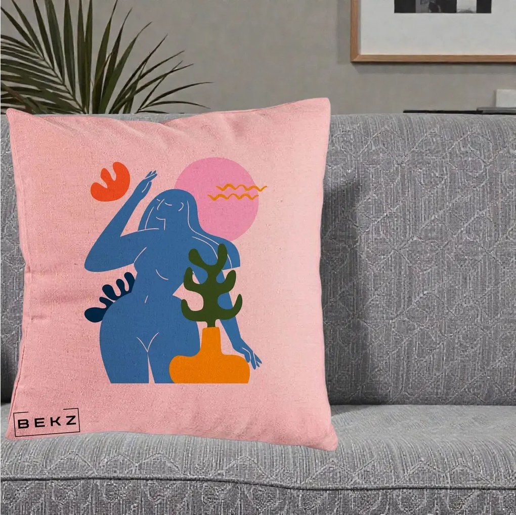 Perna Decorativa Femeie Albastra Cactus, 40x40 cm, Roz, Husa Detasabila, Perna Inclusa, BEKZ®