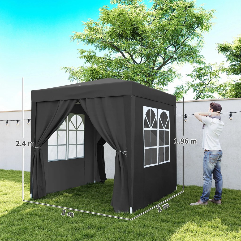 Outsunny Pavilion pliant, cort berărie, 4 pereți laterali detașabili, 2 ferestre, cadru metalic, 2 x 2m, Negru | Aosom Romania