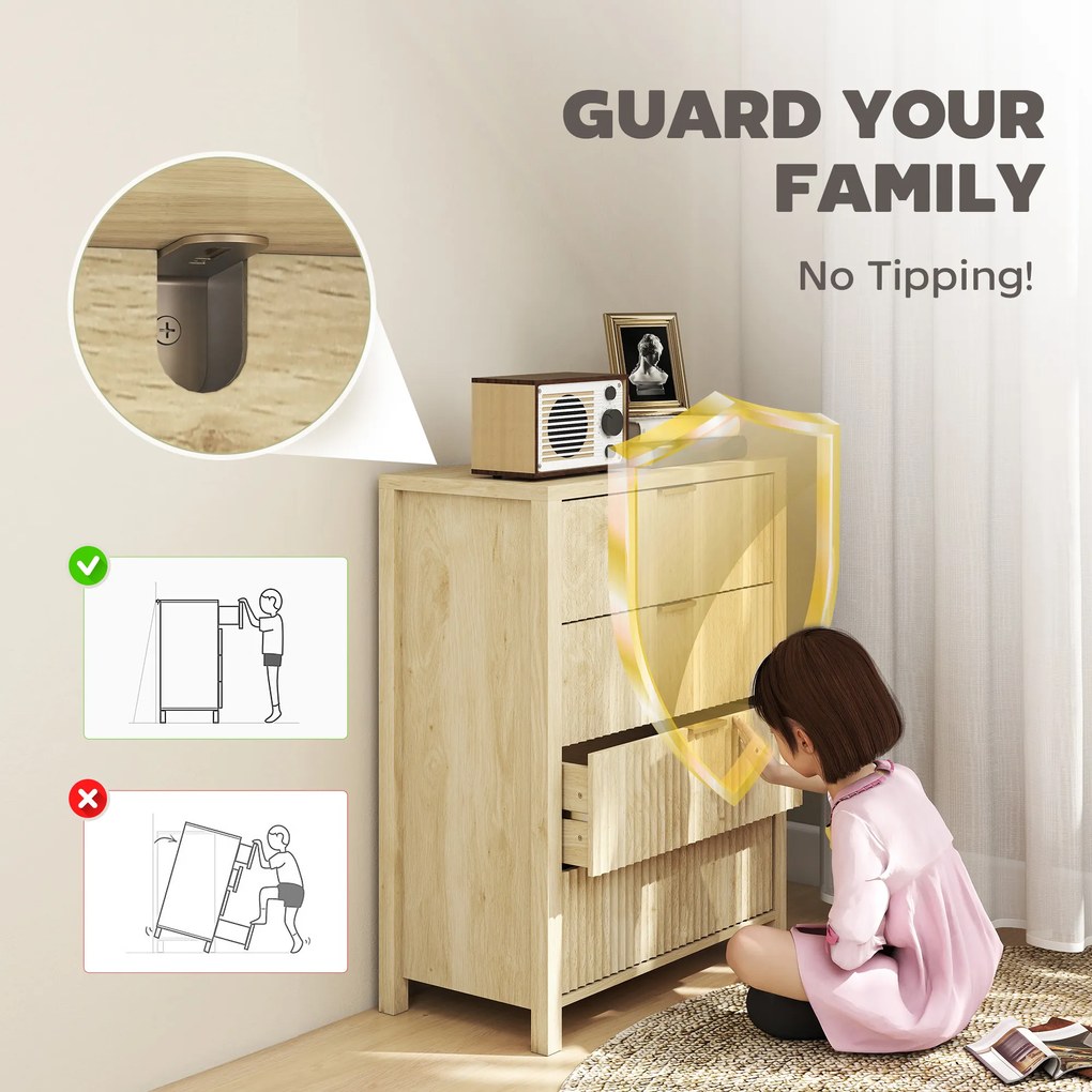 HOMCOM Comodă pentru Dormitor cu 4 Sertare Canelate, Comodă din Lemn cu Mânere Aurii, pentru Sufragerie, Sala de Mese și Hol, 70x38x93 cm, Lemn Natural | Aosom Romania