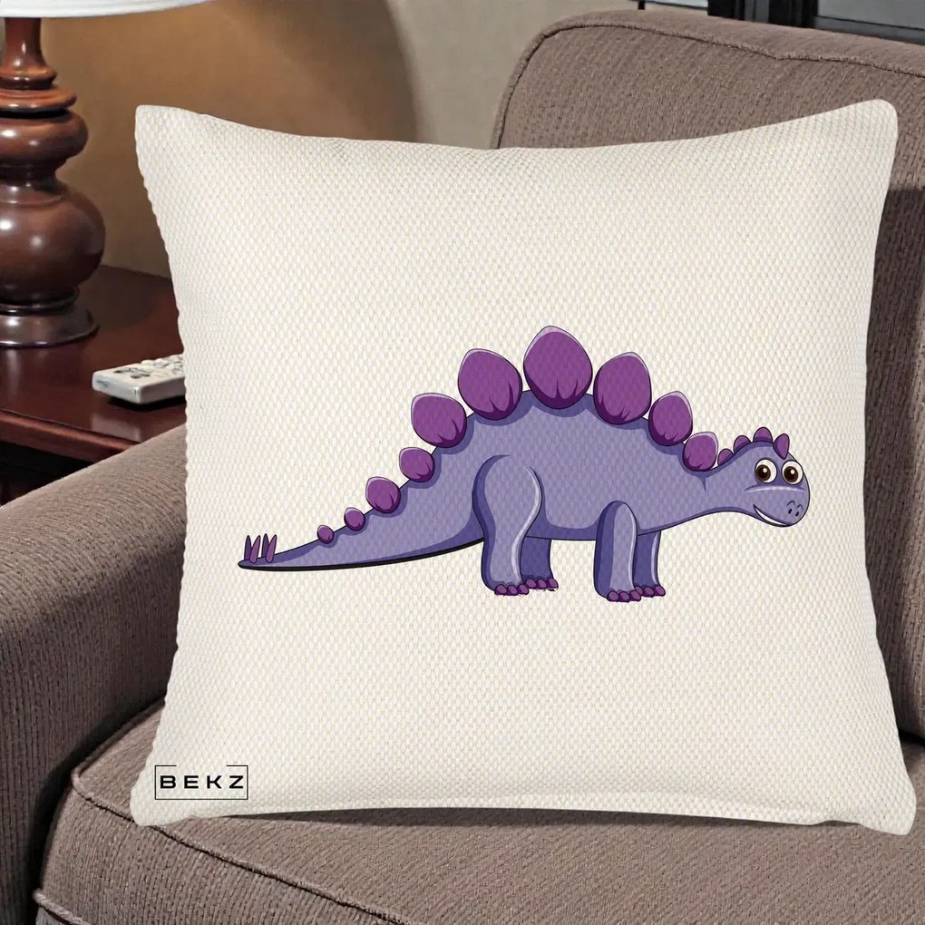Perna Personalizata Stegozaur Mov, 40x40 cm, Crem Reliefat, Husa Detasabila, Perna Inclusa, BEKZ®