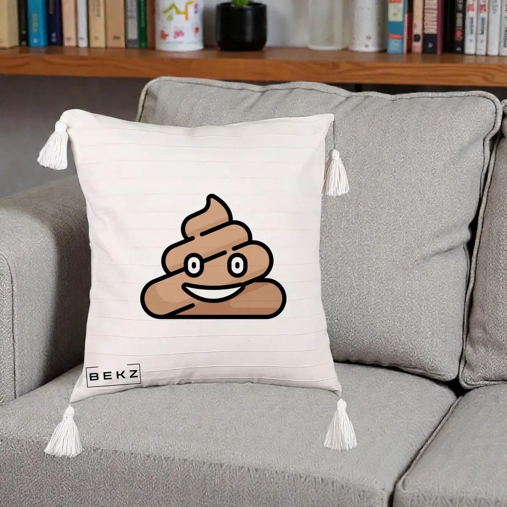 Perna Decorativa Emoji Poop Funny, 40x40 cm, Bej cu Franjuri, Husa Detasabila, Perna Inclusa, BEKZ®