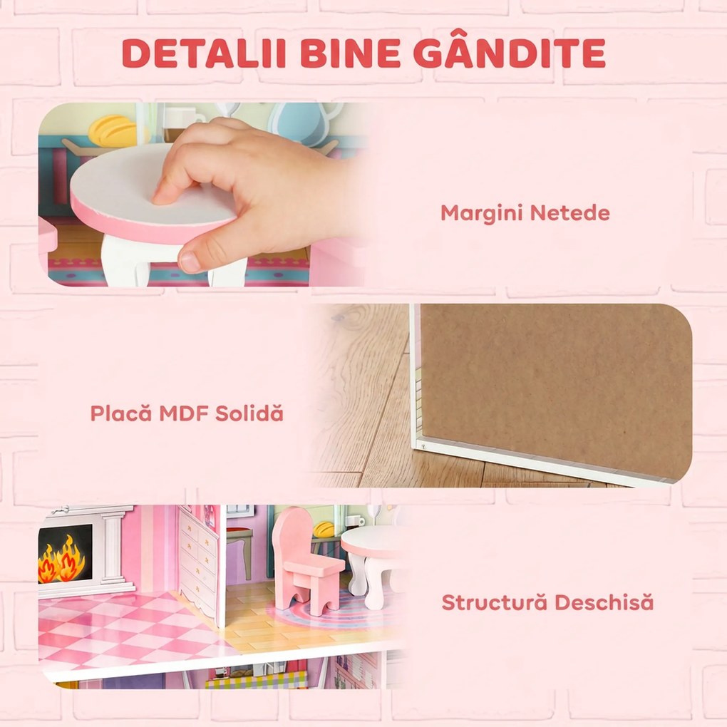 AIYAPLAY Casă de păpuși din lemn pentru copii, 3 niveluri, cu bandă LED DIY, 8 piese de mobilier, 6 camere, 3-6 ani, roz | Aosom Romania