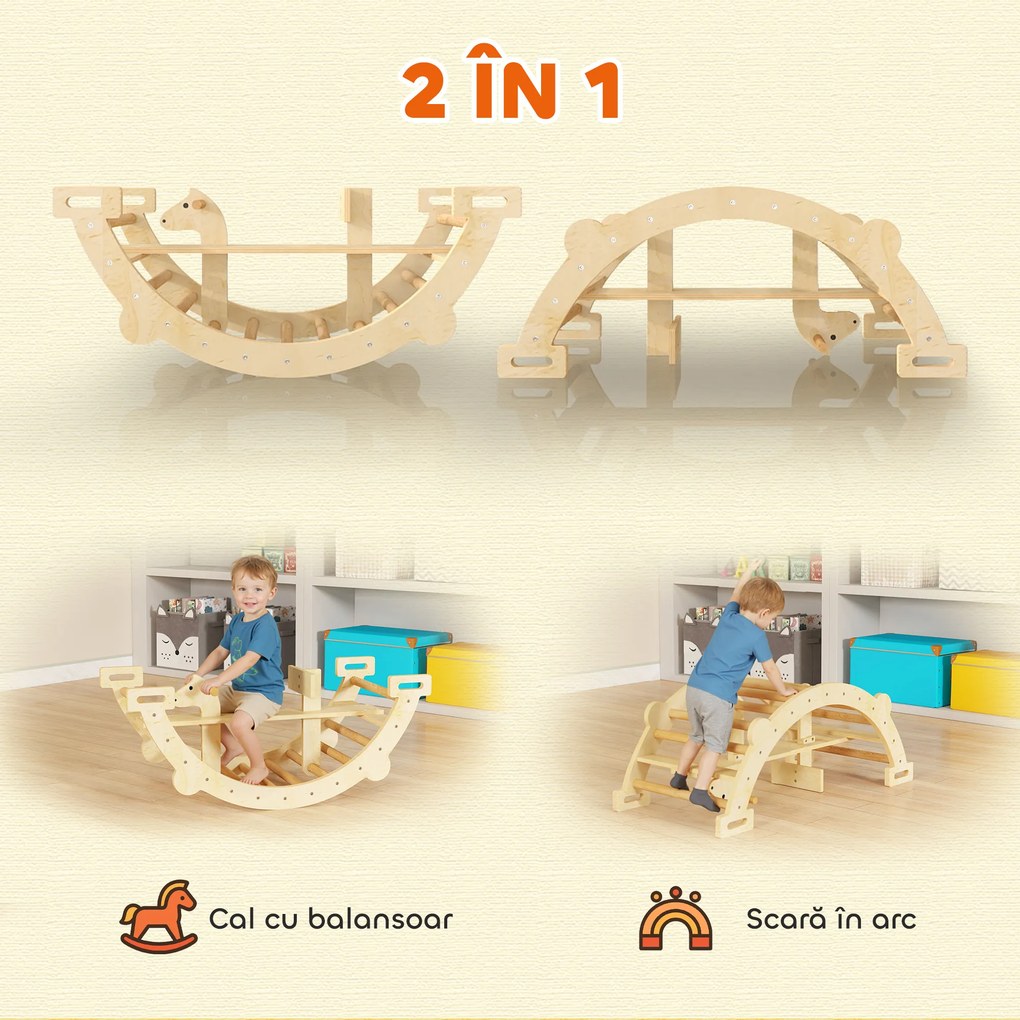 AIYAPLAY Arc Montessori din Lemn pentru Copii 2-4 Ani, Convertibil în Balansoar, Joc de Cățărare, 110x52x45 cm, culoare Lemn | Aosom Romania