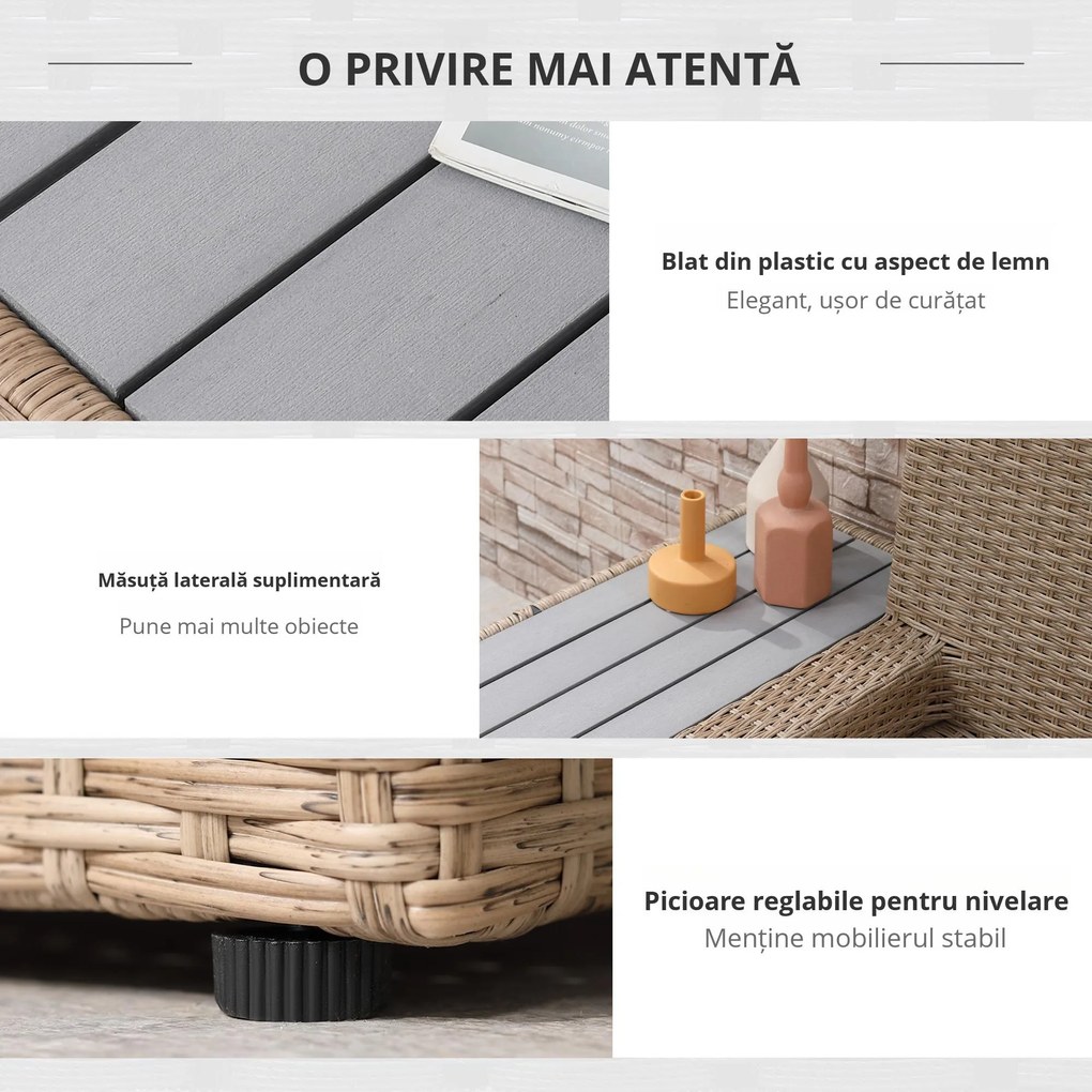 Outsunny Set Living de Gradina din Rattan, 4 Piese, Coltar pentru Exterior cu Perne, Masute Laterale si Masuta de Cafea, Maro Deschis | Aosom Romania