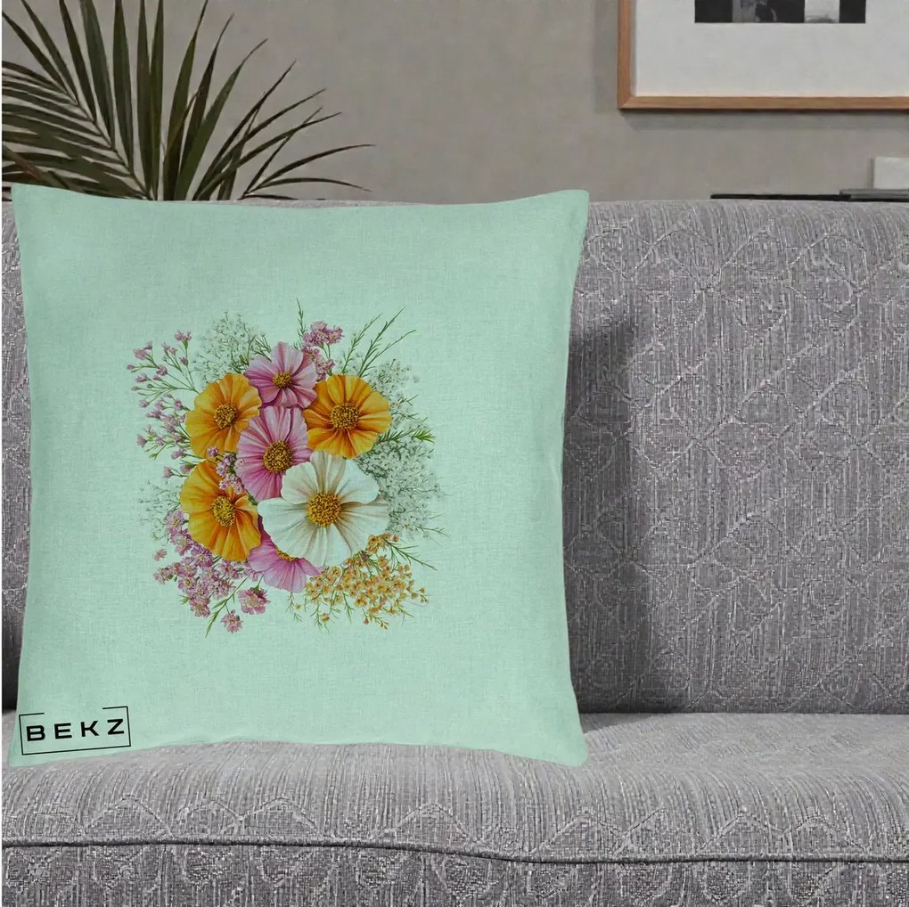 Perna Decorativa Buchet Cosmos Portocaliu Roz si Alb, 40x40 cm, Verde Menta, Husa Detasabila, Perna Inclusa, BEKZ®