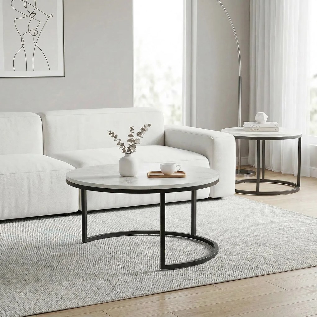 HOMCOM Set 2 Masute de Cafea care se Suprapun, Masute pentru Salon Rotunde din Metal si MDF Efect Marmura, Gri si Negru