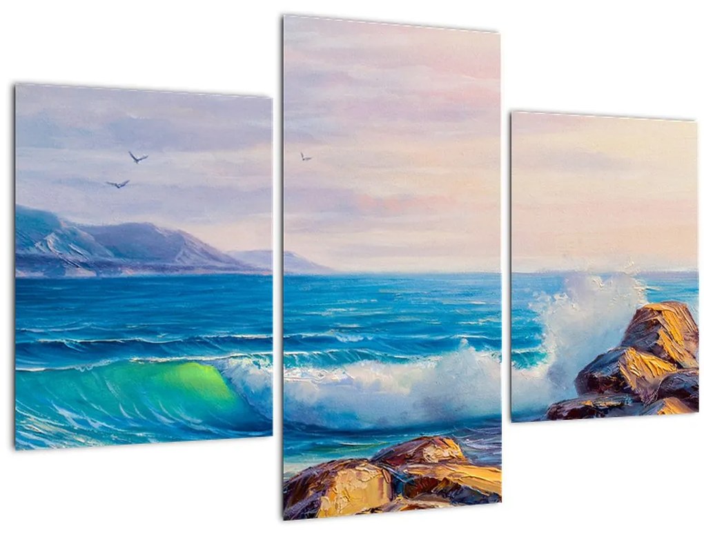 Tablou - Valuri lovind stânci, pictură în ulei (90x60 cm)