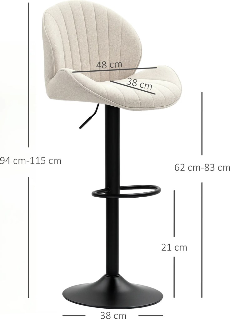 HOMCOM Set de 2 Scaune de Bar cu Suport pentru Picioare, din Țesătură cu Efect de Cinilie, 48x50x94-115 cm, Negru și Bej | Aosom Romania