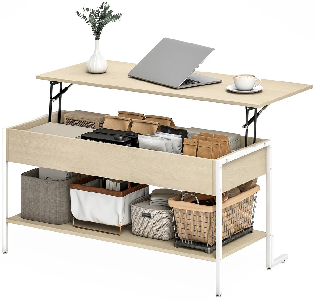 HOMCOM Masă de Cafea Extensibilă cu Închidere Blândă Spațiu Ascuns de Depozitare și Raft Deschis 95x40x59 cm Lemn Natural și Alb | Aosom Romania