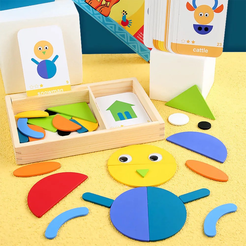 Joc magnetic tangram din lemn cu cărți englezești, nivel intermediar