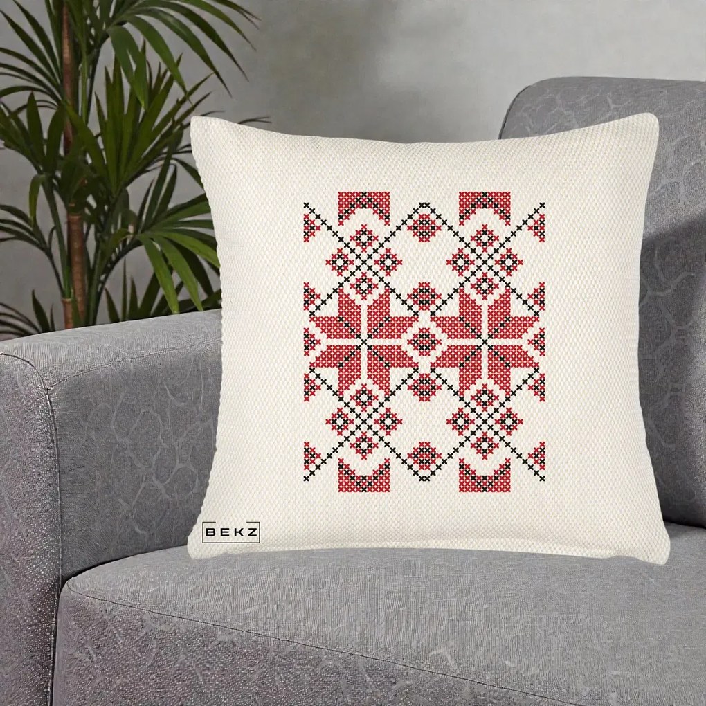 Perna Personalizata Motiv Traditional Cusatura Rosu-Negru, 40x40 cm, Crem Reliefat, Husa Detasabila, Perna Inclusa, BEKZ®