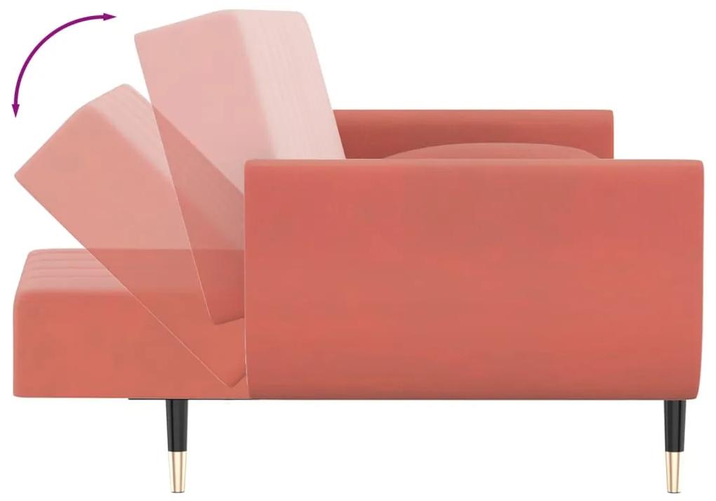Canapea extensibila 2 loc.,taburet2 perne,catifea,roz Roz, Cu scaunel pentru picioare