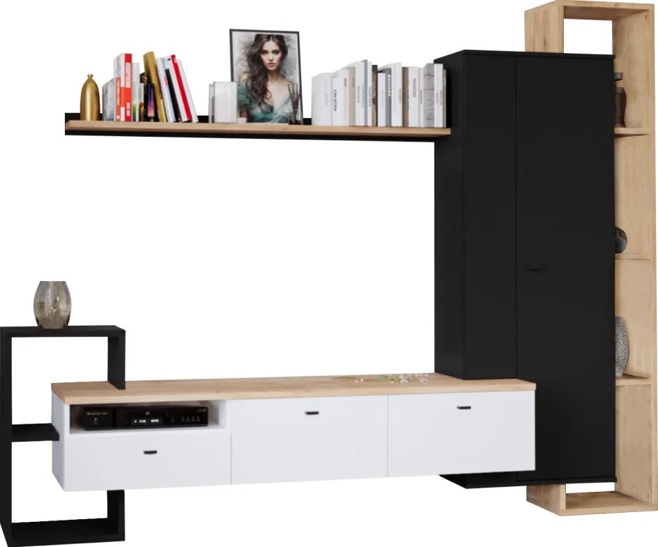 Mobilier de perete living, negru/alb/stejar craft auriu, DENISO