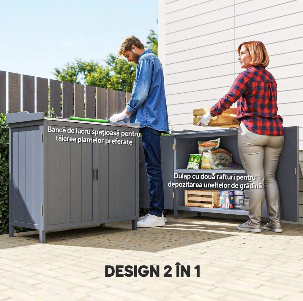 Outsunny Dulap pentru Exterior din Lemn de Brad cu Blat de Lucru din Metal Zincat si 2 Rafturi pentru Scule, 98x48x95.5 cm, Gri | Aosom Romania