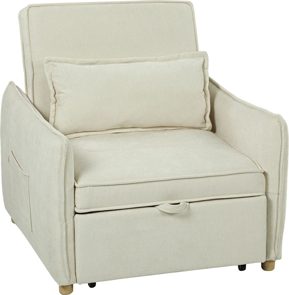 HOMCOM Fotoliu extensibil 3-în-1, fotoliu transformabil cu funcție de pat, pernă lombară, pentru living, crem | Aosom Romania