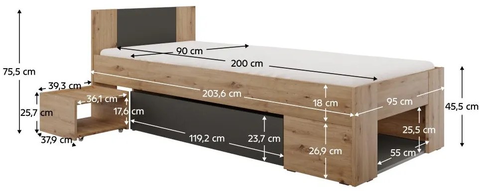 Pat de o persoană 90 cm Uniforme (stejar artisan + antracit) (cu sp. depozitare). 1116537