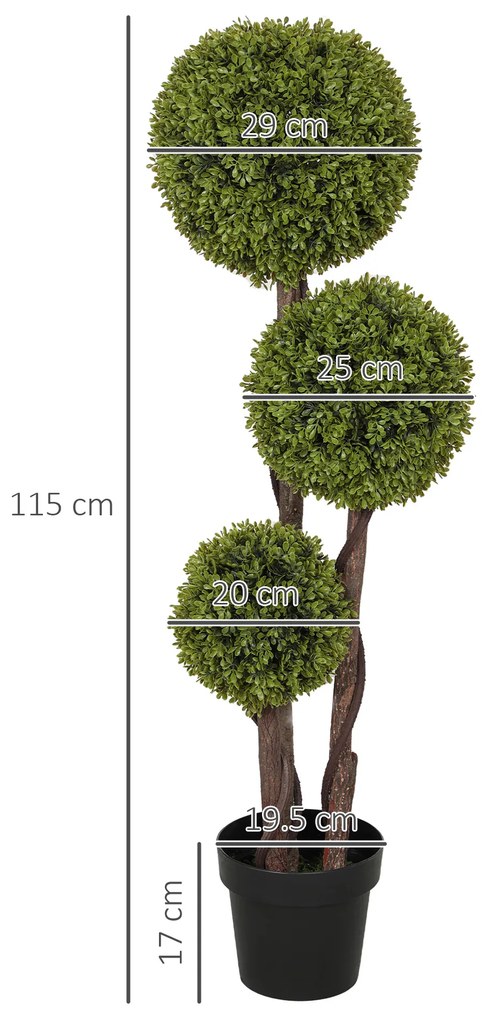 HOMCOM Plantă Artificială de Buxus cu 3 Sfere, Ghiveci Inclus și Bază Întărită, Ø19,5x115 cm, Verde | Aosom Romania