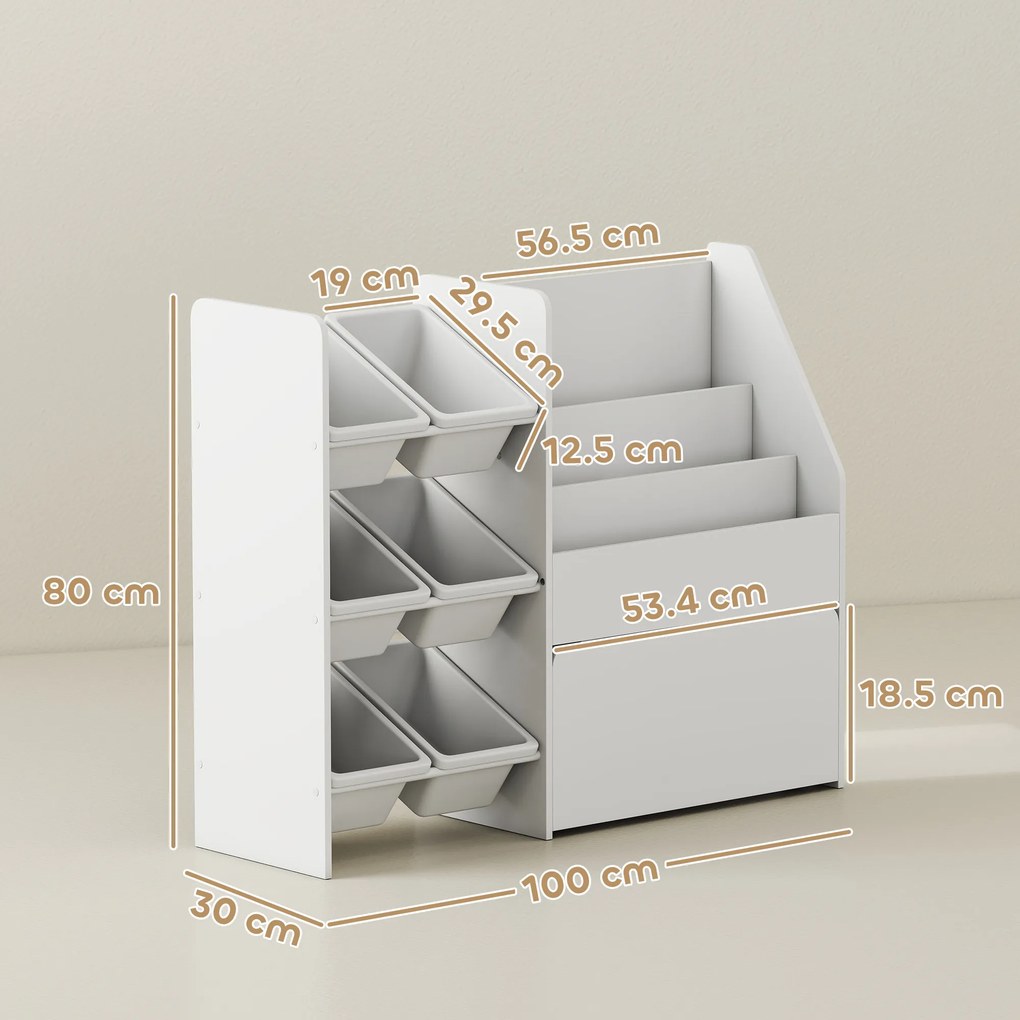 AIYAPLAY Mobilier depozitare copii depozitare jucării copii 6 cutii detașabile și cutie mare pe roți 100 x 30 x 80 cm alb | Aosom Romania