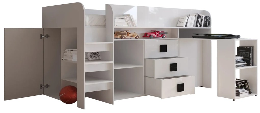 Pat multifuncțional 90 cm Toreno 1 (Alb + alb lucios + mânere turcoaz lucios). 1083308