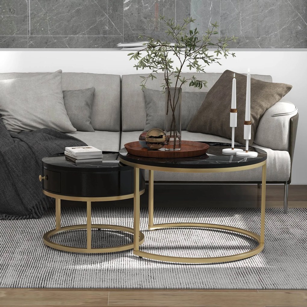 Set de 2 Măsuțe de Cafea Moderne Suprapuse cu Efect de Marmură Lucioasă, Structură din Metal, 70x70x48 cm și 50x50x43,5 cm, Negru