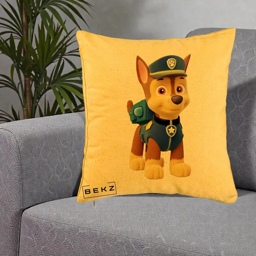Perna Personalizata Chase PAW Patrol Albastru, 40x40 cm, Galben, Husa Detasabila, Perna Inclusa, BEKZ®