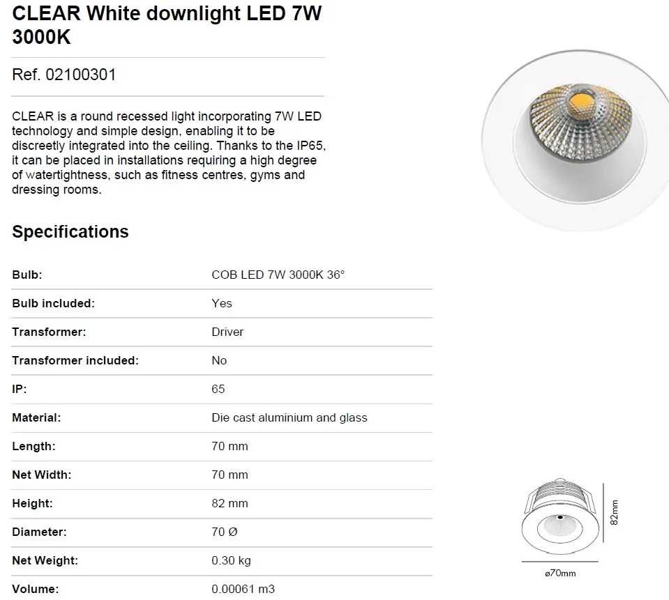 Spot LED incastrabil IP65 CLEAR 7W 3000K 02100301