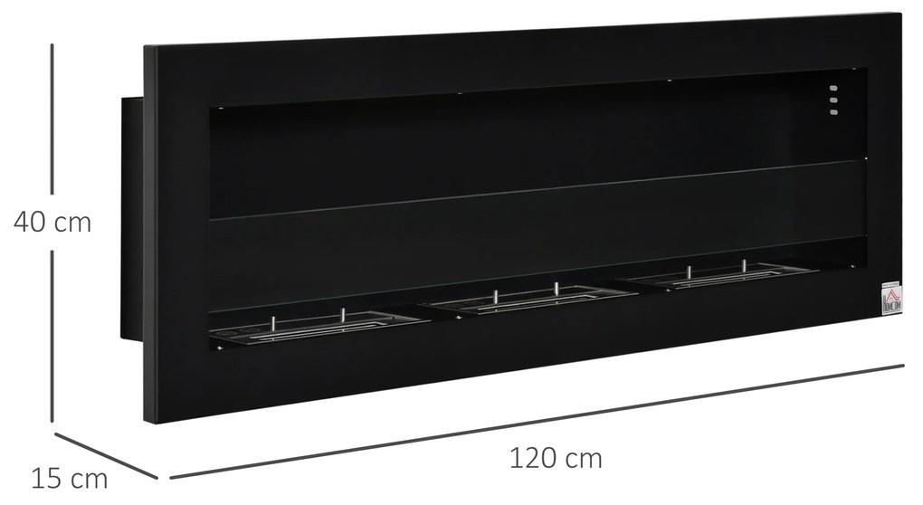 HOMCOM Șemineu de Perete cu Bioetanol și 3 Rezervoare de 1 L, 120x15x40 cm, Negru | Aosom Romania