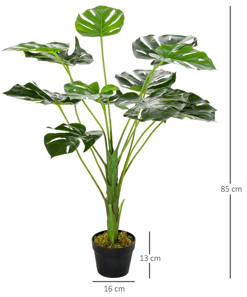 Monstera artificiala cu 13 frunze pliabile, design realist Muschi PE si baza cimentata cu ghiveci Ф16x85cm Outsunny | Aosom Romania