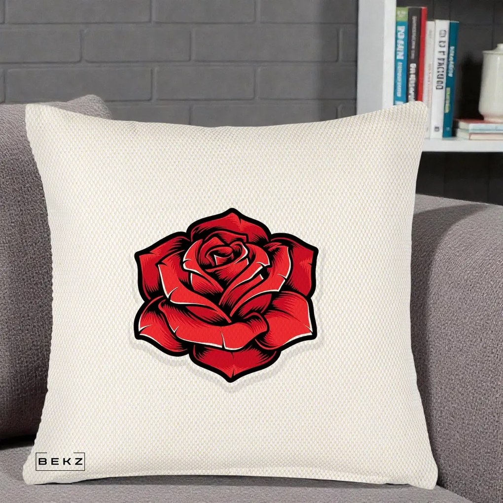 Perna Decorativa Trandafir Rosu Tattoo, 40x40 cm, Crem Reliefat, Husa Detasabila, Perna Inclusa, BEKZ®