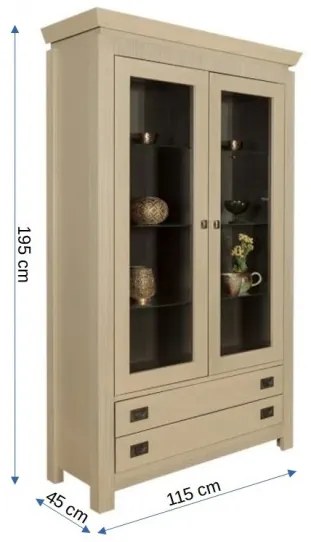 Vitrina Casablanca, 2 Usi si 2 Sertare, Crem, 115 cm