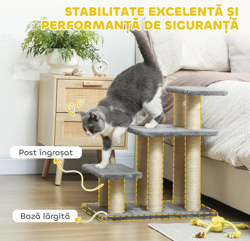 PawHut Scară pentru Câini și Pisici cu 3 Trepte din Pluș și Stâlpi Zgâriători din Sisal, Capacitate 10 kg, Gri | Aosom Romania