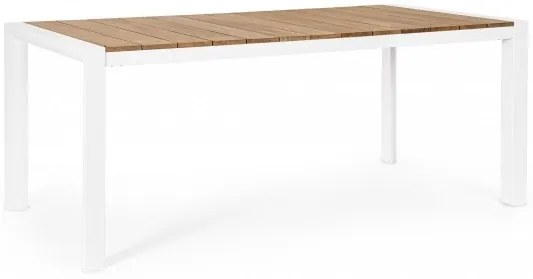 Masa din aluminiu cu blat din lemn de teak, 180x90cm, alba, Cameron, Bizzotto