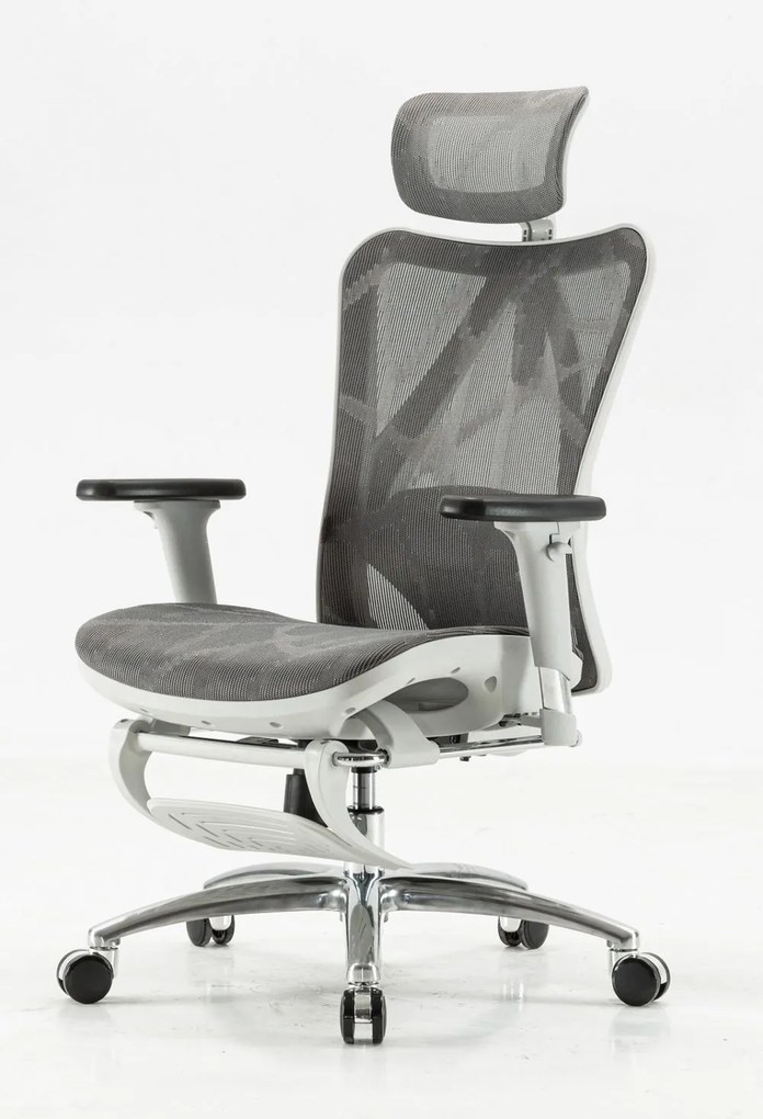 Scaun ergonomic SIHOO M57B, Suport lombar 2D, Cotiera 3D, Tetiera reglabila, Mecanism inclinare/blocare in 3 pozitii, suport picioare, Mesh, Gri