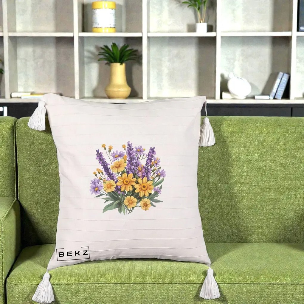 Perna Decorativa Lavanda cu Margarete Galbene si Lila, 40x40 cm, Bej cu Franjuri, Husa Detasabila, Perna Inclusa, BEKZ®