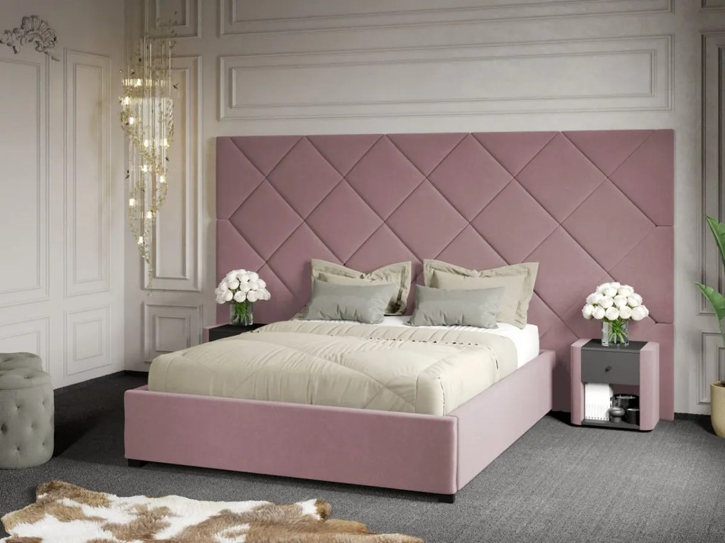 Pat Tapitat cu Panou 305x171 C4 Dubai cu somiera fixa Roz - Velluto 14 160x200