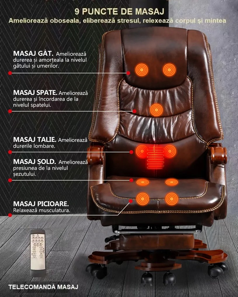 Scaun directorial din piele naturala si lemn masiv, Masaj in 9 puncte si Incalzire, rezistent 150 kg, Maro