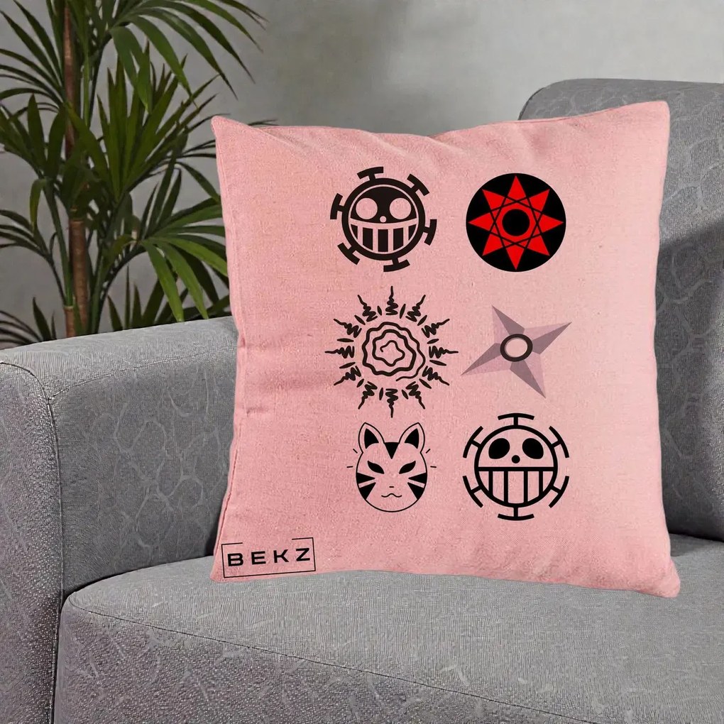 Perna Personalizata Simboluri Anime Mix - Naruto One Piece, 40x40 cm, Roz, Husa Detasabila, Perna Inclusa, BEKZ®