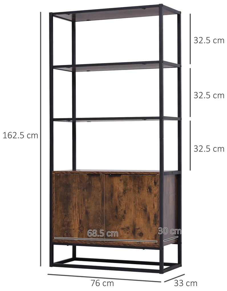 HOMCOM Biblioteca cu 3 Rafturi, Design Inaltat, din Lemn, Cadru din Metal, Negru si Maro 76x33x162.5cm | Aosom Romania