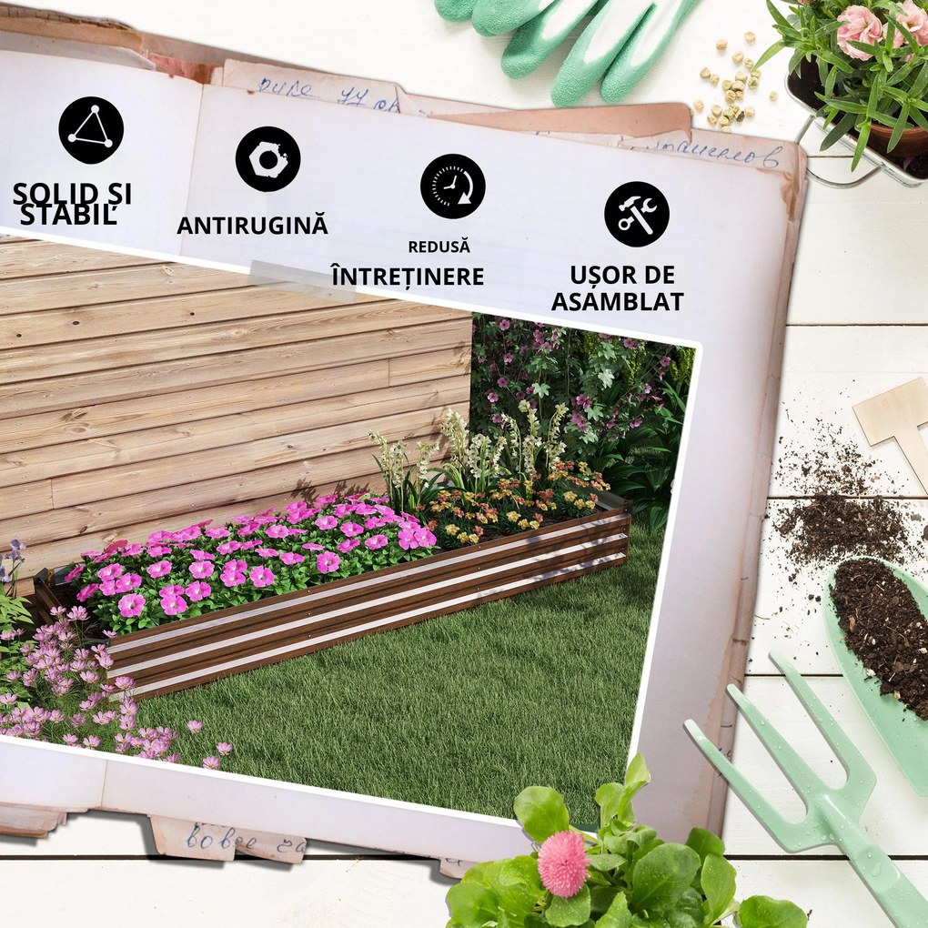 Outsunny Pat de Grădină Ridicat 405L, Jardiniere de Exterior din Oțel Galvanizat cu Bază Deschisă, pentru Plante, Flori și Legume, 240x60x30 cm, Imitație Lemn Închis | Aosom Romania