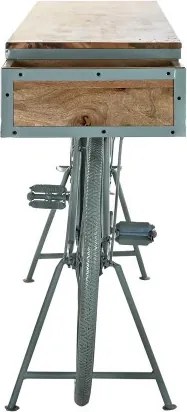 Masă consolă industrială din metal și lemn de mango, verde, cu bază în formă de bicicletă și ladă, finisaj antichizat, 91 x 195 x 40 cm, „Bycicle”