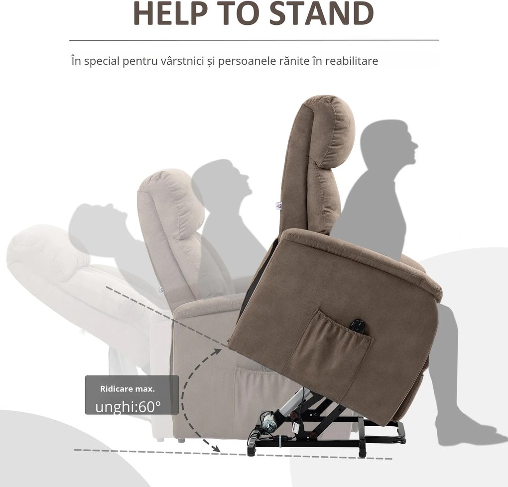 HOMCOM Fotoliu Ridicare Persoane Rabatabil 150° max cu Telecomanda si Suport pentru Picioare, 75x93x110 cm, Maro | Aosom Romania