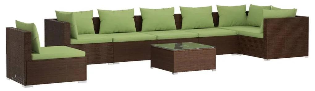 Set mobilier de gradina cu perne, 8 piese, maro, poliratan maro si verde, 3x colt + 4x mijloc + masa, 1