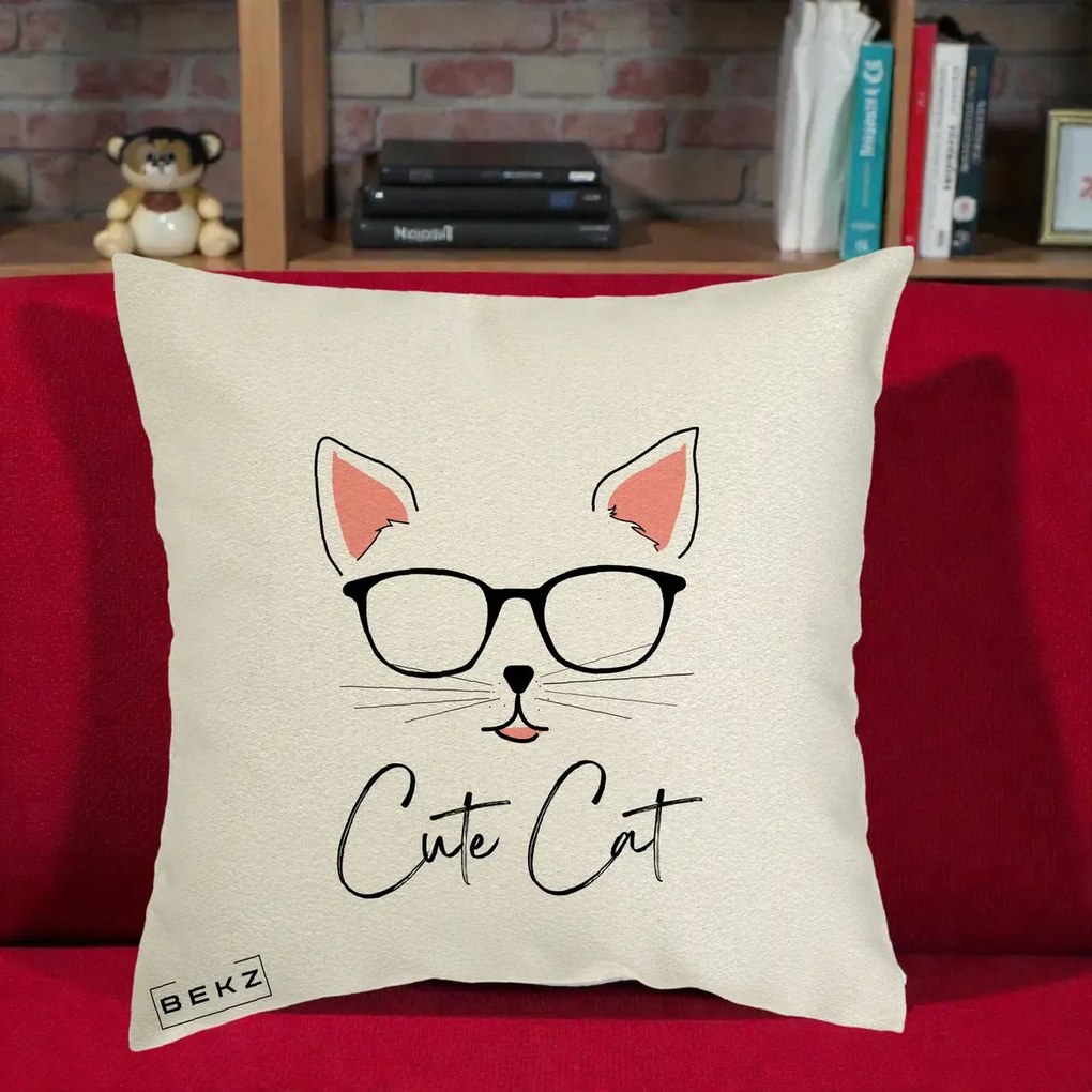 Perna Personalizata Cute Cat cu Ochelari, 40x40 cm, Ecru, Husa Detasabila, Perna Inclusa, BEKZ®